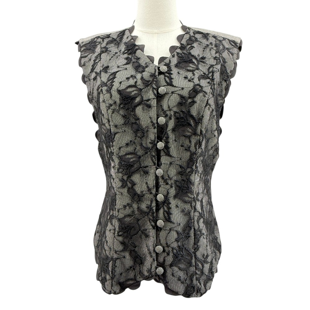 Vintage Jan Barboglio Women Vest Lace Overlay Black White Scalloped Top Size 10 - Picture 2 of 10